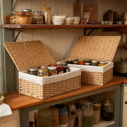 Nonam Large Basket with Lid set of 3, Rattan Divided Baskets Organizer for Shelf, Natural Wicker Storage Basket Bins for Closet, Boho Shelf Decor Covered Basket Home Storage Container