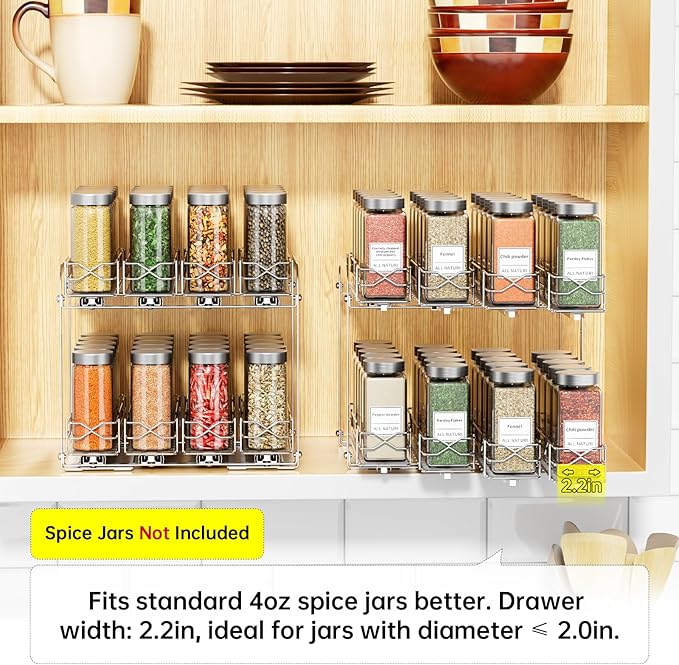 Pull Out Spice Rack Organizer for Cabinet, 2 Tier Individual Slide Drawer, Chrome Cabinet Spice Organizer, Fits 4oz Spice Jars(Max Diameter 2.0in), Height Adjustable Spice Rack,2 Installation Methods