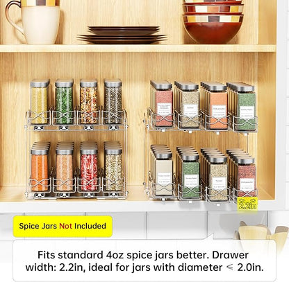 Pull Out Spice Rack Organizer for Cabinet, 2 Tier Individual Slide Drawer, Chrome Cabinet Spice Organizer, Fits 4oz Spice Jars(Max Diameter 2.0in), Height Adjustable Spice Rack,2 Installation Methods