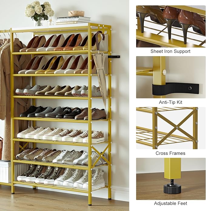 Shoe Rack with Coat Rack, 8 Tier Tall Shoe Storage Organizer with Hooks, 3-in-1, Wooden Top Shelf, Sturdy Frame, Metal Clothes Hanger Stand for Entryway, Closet, Gold