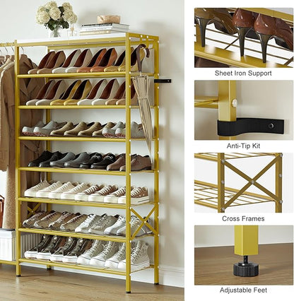Shoe Rack with Coat Rack, 8 Tier Tall Shoe Storage Organizer with Hooks, 3-in-1, Wooden Top Shelf, Sturdy Frame, Metal Clothes Hanger Stand for Entryway, Closet, Gold