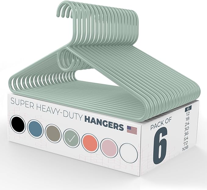Super Heavy Duty Clothes Hangers 6 Pack – Made in the USA - 10lb Capacity, Thick Plastic Hangers for Pants, Coats, Jackets, Jeans and Adult Clothing – Mint
