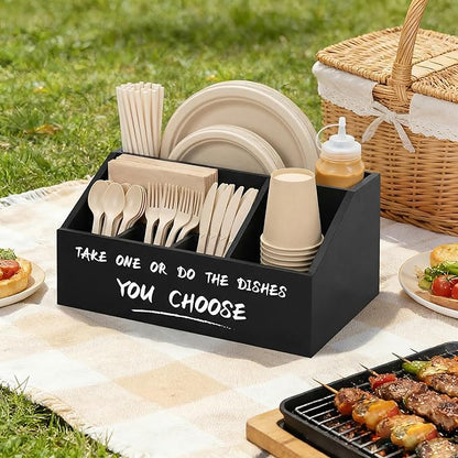 Paper Plate Dispenser, Wood Paper Plate Holders for Kitchen Counter, Rustic Silverware Utensil Organizer for Party, Utensil Caddy for Cups Spoons Forks Plates Napkins, Accessories for Camping Buffet