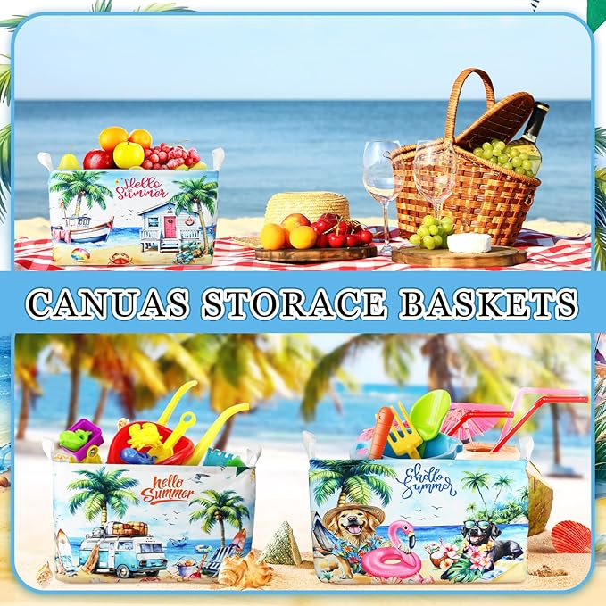 Geelin 3 Pcs Beach Baskets Summer Storage Basket for Gifts Collapsible Waterproof Canvas Cute Storage Bin Organizer with Handles for Book Closet Shelf Nursery Decor