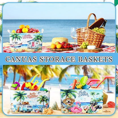 Geelin 3 Pcs Beach Baskets Summer Storage Basket for Gifts Collapsible Waterproof Canvas Cute Storage Bin Organizer with Handles for Book Closet Shelf Nursery Decor
