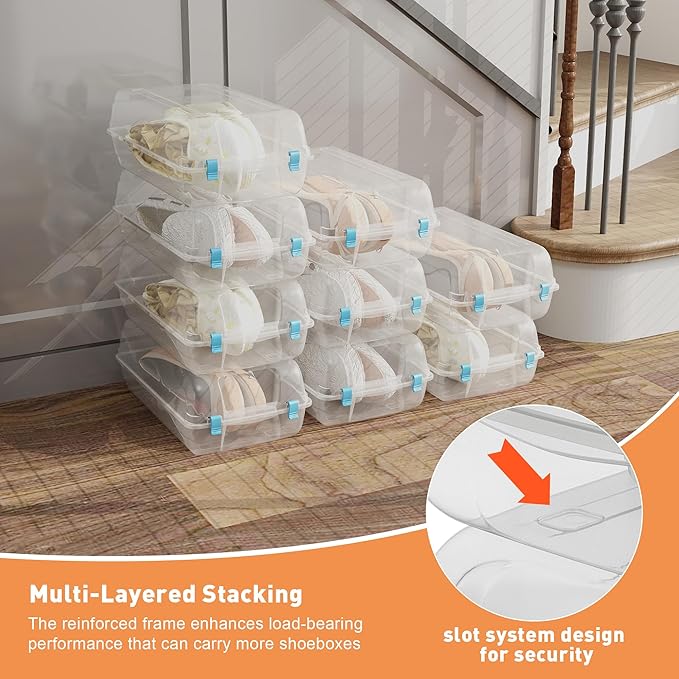 Shoe Organizer for Closet, 4 Pack Plastic Shoe Storage Boxes, Space Saving Stackable Shoe Storage Bins, Sneaker Storage Containers with Clear Lids for Display, Blue