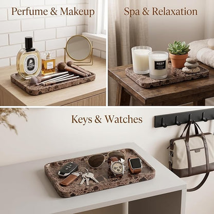 Dark Emperador Marble Vanity Tray for Bathroom Counter-12 X7 Decorative Tray for Perfume, Candles, Stone Jewelry Dish Tray