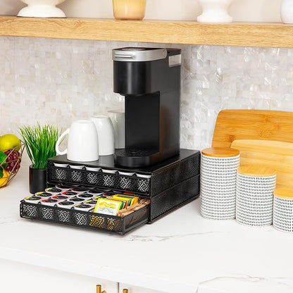 Mind Reader 2 Drawer Coffee Pod Organizer with Removable Dividers, 72 Pod Capacity, Metal Mesh Coffee Station Base with Guided Drawer Track, Black