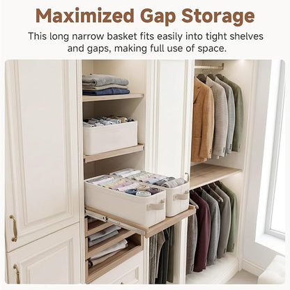 StorageWorks Narrow Storage Bins, Small Basket for Closet and Shelves, Fabric Closet Organizer Storage Bins with Handles, Toilet Paper Storage Baskets, Beige, Cool Cotton, 2-Pack