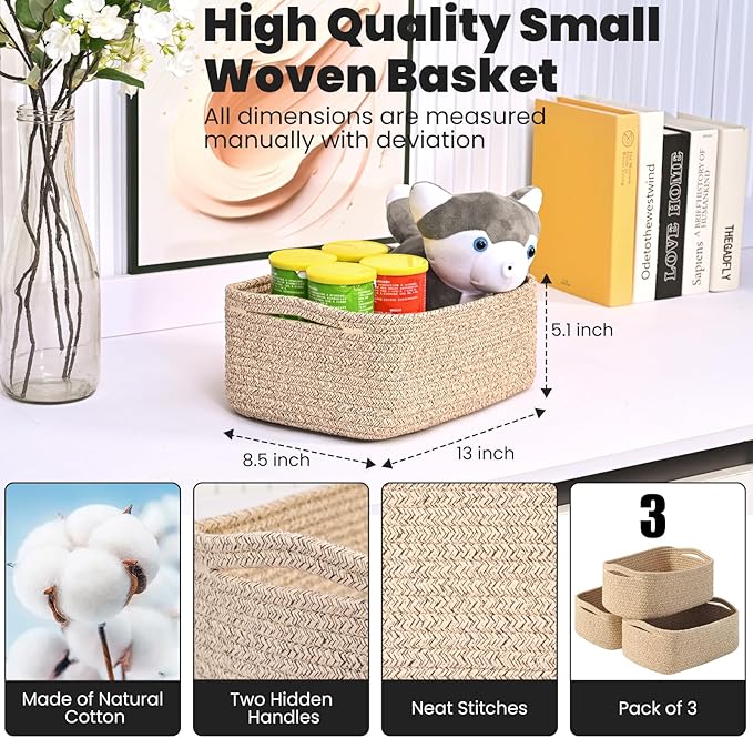 ICERZCZ Small Baskets for Organizing, Woven Storage Baskets for Shelves, Small Rope Basket for Storage, Decorative Little Baskets for Gifts Empty, 13"×8.5"×5.1" (3 Packs) Brown