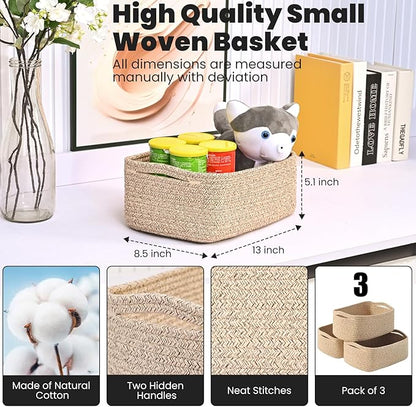 ICERZCZ Small Baskets for Organizing, Woven Storage Baskets for Shelves, Small Rope Basket for Storage, Decorative Little Baskets for Gifts Empty, 13"×8.5"×5.1" (3 Packs) Brown