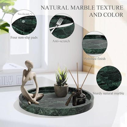 YMXYJM Real Natural Round Marble Tray for Bathroom, Genuine Marble Stone Vanity Tray, Luxury Storage Trays for Kitchen, Vanity, Home Decor, Dresser, Non-Resin/Non-Ceramic, 10"x 1", Green
