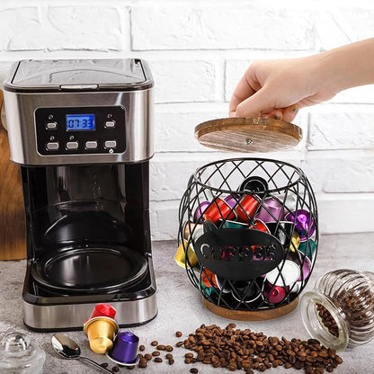 WRINGKIT Coffee Pod Holder with Lid, Large Capacity K Cup Storage Basket, Black Wire Coffee Pod Basket Decor for Countertop, Round Coffees Holder for Keurig Kcups, Espresso Capsules, Christmas Gift