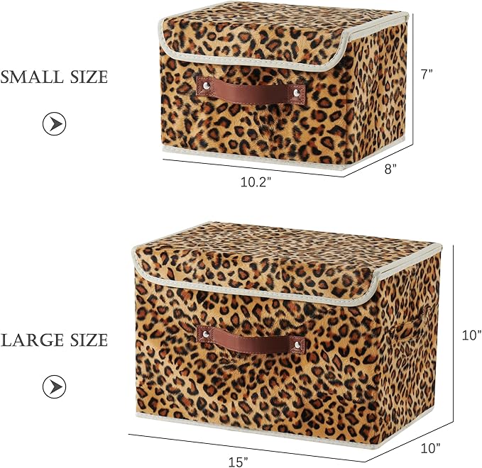 2PCS Storage Bin with Lid Leopard Print Cute Velvet Fabric Storage Basket Box Faux Leather Handles PP Plastic Board Foldable Washable Lidded Closet Shelf Organizer Container (Small Size)