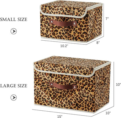 2PCS Storage Bin with Lid Leopard Print Cute Velvet Fabric Storage Basket Box Faux Leather Handles PP Plastic Board Foldable Washable Lidded Closet Shelf Organizer Container (Small Size)
