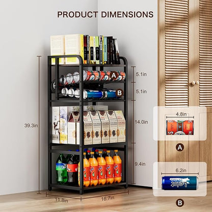 Soda Can Organizer for Pantry, 5-Tier Storage Shelf, Kitchen Organizers and Storage, Multifunctional Snack Organizer Rack, Standing Can Rack for Pantry/Kitchen (Black)