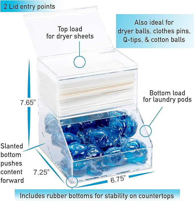 Inevibe Laundry Pod Holder & Dryer Sheet Dispenser - 2 Compartment Acrylic Container w/Lids for Storing Clothes Pins, Dishwasher Pods for Laundry Room Organization