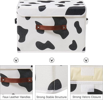 2PCS Storage Bins with Lid Cow Print Cute Fabric Storage Basket Box Faux Leather Handles PP Plastic Board Foldable Washable Lidded Cotton Linen Closet Shelf Organizer Container (Large Size)