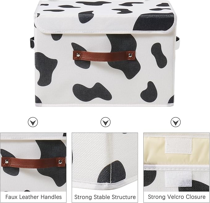 Storage Bin with Lid Cow Print Cute Fabric Storage Basket Box with Faux Leather Handles PP Plastic Board Foldable Washable Lidded Cotton Linen Closet Shelf Organizer Container (Large Size)