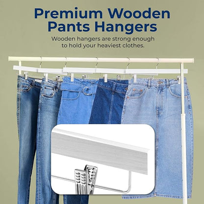 SereneLife 20 Pack Skirt and Pant Hanger with Adjustable Non-Slip Steel Clips, Premium Wooden, 360° Swivel Hook & 10 lb Capacity – Space-Saving Heavy-Duty Hangers for Jeans, Shorts & Slacks (White)