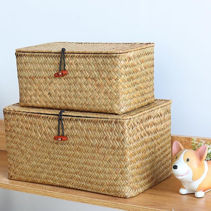Moosky Wicker Shelf Baskets with Lid,Natural Seagrass Storage Basket Boxes Handwoven Rectangular Baskets Bins Multipurpose Home Organizer Decor (Large)