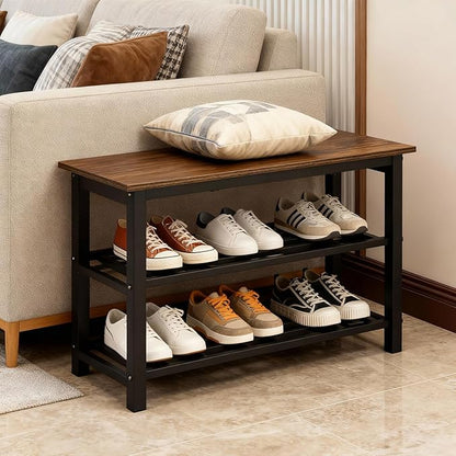 3-Tier Shoe Rack Bench, Shelf Storage Bench w/h Metal Shelves and Seat, Free Standing Shoe Organizer for Entryway, 11 x 27.2 x 17.2 Inches Shoe Bench, Brown & Black