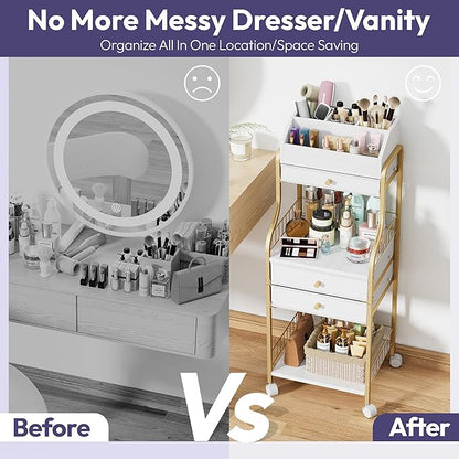 SWTYMIKI Rolling Makeup Organizer Cart - Floor Skincare Storage with Non-woven Drawers, Vanity Organizer Cosmetic Display Cases with Wheels, Cabinet for Skin Care Perfume Nail Polish Brush Hair Tool