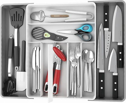Simple Houseware Expandable Kitchen Drawer Flatware Organizer, Gray/White