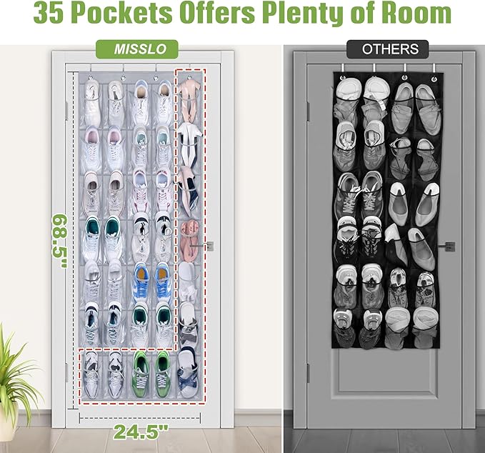 MISSLO 35 Large Pockets Over The Door Shoe Organizer Sturdy Oxford Fabric Hanging Shoe Rack Grey