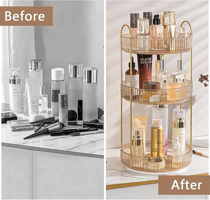 shuang qing Rotating Makeup Organizer for Vanity, High-Capacity Skincare Clear Make Up Storage Perfume Organizers Cosmetic Dresser Organizer Countertop 360 Spinning (Gold, 3 Tier)