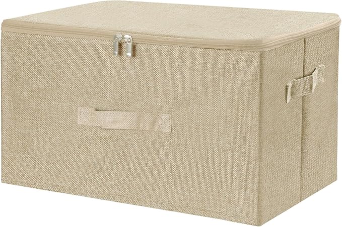ANMINY Storage Bins with Zipper Lids 36 Qt Lidded Fabric Storage Boxes Baskets Cubes with Handles Collapsible Washable Cotton Linen Closet Shelf Clothes Organizer Containers - Beige, Large