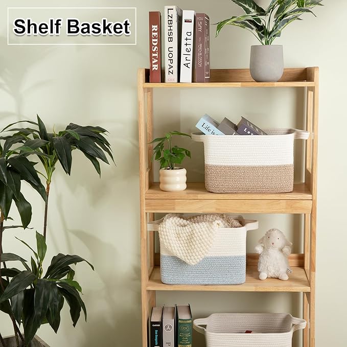 OIAHOMY Woven Storage Basket for Shelves, Rectangle Cotton Rope Baskets for Organizing, 13 x 10 x 9 in, Storage Bins for Dog Toys,Towel,Books,Gift,Brown and White
