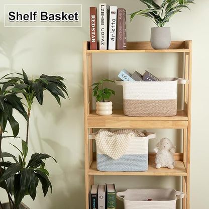 OIAHOMY Woven Storage Basket for Shelves, Rectangle Cotton Rope Baskets for Organizing, 13 x 10 x 9 in, Storage Bins for Dog Toys,Towel,Books,Gift,Brown and White