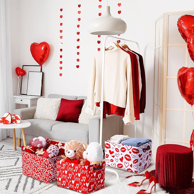 Geelin 3 Pcs Valentines Day Storage Baskets Red and White Heart Valentines Basket for Gifts Collapsible Waterproof Canvas Bin Organizer with Handles for Book Closet Shelf Nursery Decor