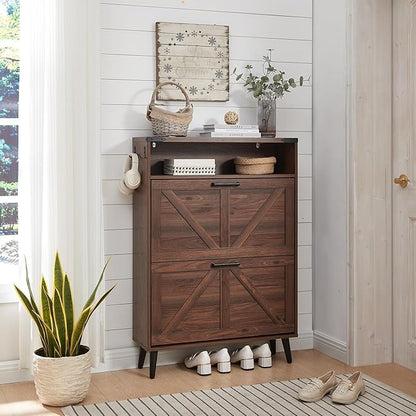 Barnyatoh Shoe Storage Cabinet,Farmhouse Shoe Organizer with 2 Flip Drawers & Barn Door Design,Freestanding Hidden Slim Narrow Shoe Rack Cabinet with Open Storage for Entryway, Foyer,Hallway, Walnut