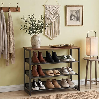 Garden 4 you Shoe Rack for Entryway 4 Tiers 11.8" D x 25" W x 28" H, Metal Shoe Rocks with Brown Wooden Tabletop, Angled Shoes Rack with Adjustable Mesh Shelves for Entryway Hallway Closet