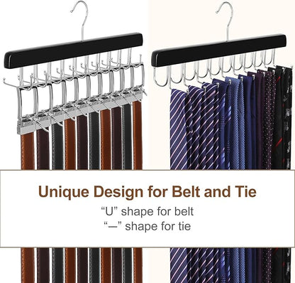 TOPIA HANGER 20 Hooks 2 in 1 Belt Tie Hanger for Closet Max 30 Belts with 30 Ties Capacity, Belt Tie Racks Wooden Hanger for Closet Organizer Storage “U” Fit for Belt and “一” Fit for Tie - CT47B