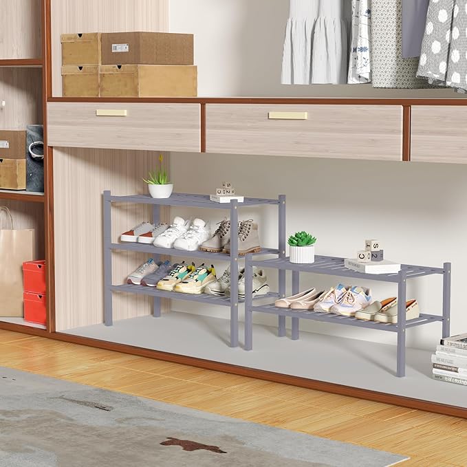 ROMGUAR CRAFT 2 Tier Bamboo Shoe Rack for Closet Free Standing Wood Shoe Shelf for Entryway Small Space Stackable 27"x11"x13" (Grey)
