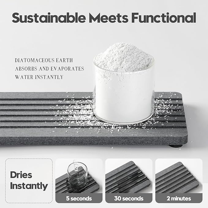 Razborci 2PCS Diatomite Quick Stone Drying Tray Mat For Bathroom & Kitchen Counter, Instant Dry Water Absorbent Drink Bar Coaster,Vanity Sink Caddy Organizer,Dish Soap Sponge Holders, Charcoal,8"x3.8"
