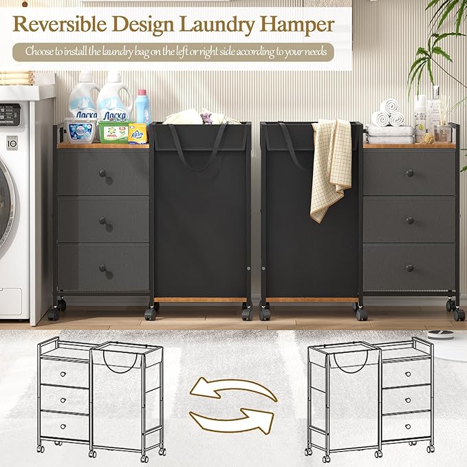 Laundry Hamper with Wheels, Laundry Sorter with Shelf and 3 Drawers, Total Capacity 123L/32.5 Gal (3 Drawers+Bags), Laundry Cabinet with Fabric Detachable Bags, Clothes Hampers for Bedroom Bathroom
