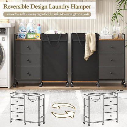 Laundry Hamper with Wheels, Laundry Sorter with Shelf and 3 Drawers, Total Capacity 123L/32.5 Gal (3 Drawers+Bags), Laundry Cabinet with Fabric Detachable Bags, Clothes Hampers for Bedroom Bathroom