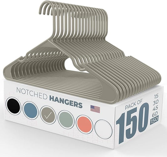 Plastic Hangers 100 Pack – Made in The USA – 6lb Capacity Standard Clothes Hangers with Notches and Reinforced Edges for Dresses, Lingerie, Shirts, Pants, and Jackets – Grey