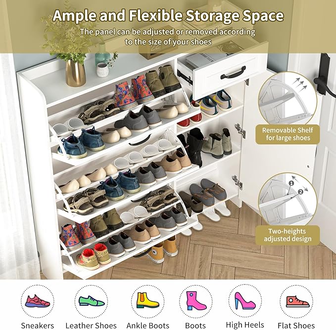 VERYKE Shoe Storage Cabinet for Entryway with 3 Flip Drawers and Side Cabinet,Large Shoe Rack Organizer Cabinet for Closet,Hallway