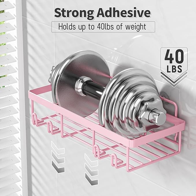 Liuoud 10 Pack Shower Caddy Organizer Rack Shelf for Inside Shower, Self Adhesive Wall Storage Basket Rustproof Stainless Steel Shampoo Holder Bathroom Accessory Decor Set, Pink