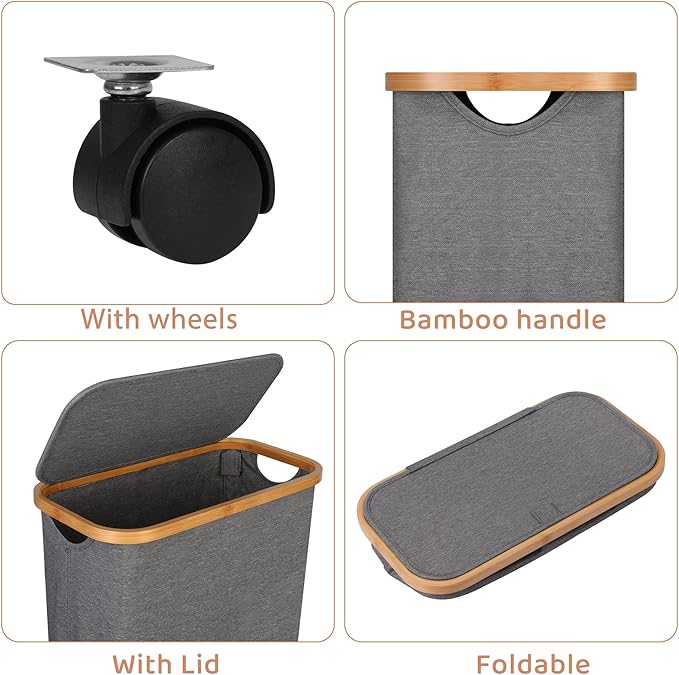 Slim Laundry Basket with Wheels,Narrow Hampers for Laundry, Laundry Hamper with Lid&Bamboo Handles,Dirty Clothes Hamper for for Bathroom Bedroom Dorm, 60L Grey