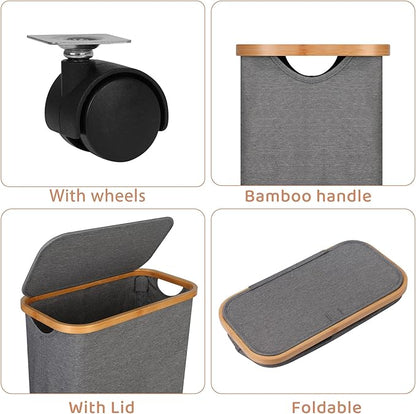 Slim Laundry Basket with Wheels,Narrow Hampers for Laundry, Laundry Hamper with Lid&Bamboo Handles,Dirty Clothes Hamper for for Bathroom Bedroom Dorm, 60L Grey