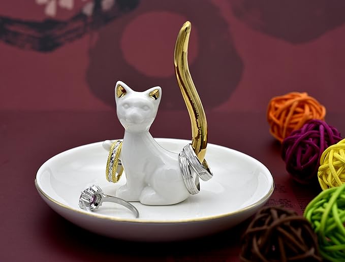 Love Cat Posture Ring Holder Jewelry Storage Dish Trinket Tray Decorative White Plated Golden Tail.