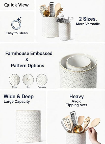 LE TAUCI Utensil Holder for Kitchen Counter - 7.1"+5.4" Ceramic Kitchen Utensil Holder Set of 2, Large Cooking Utensil Crock & Organizer for Spatula, Spoon - Embossed Kitchen Decor, White,Fireworks