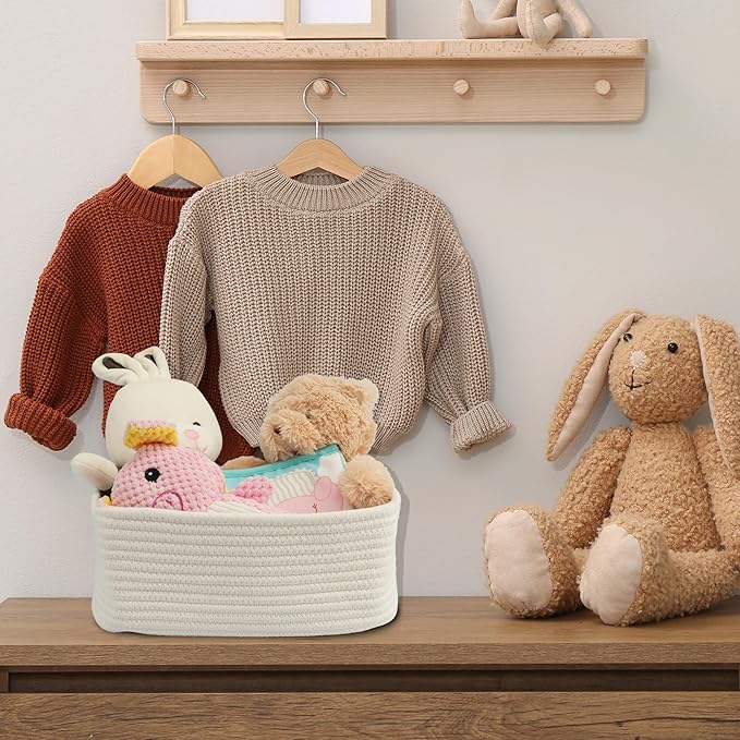 XUANGUO Small Woven Storage Baskets 13“X9”X5“ Decorative Rope Bins for Organizing Shelves, Closets, and Toys, Empty Gift Baskets, Cute Organizer Basket for Home and Office White Large