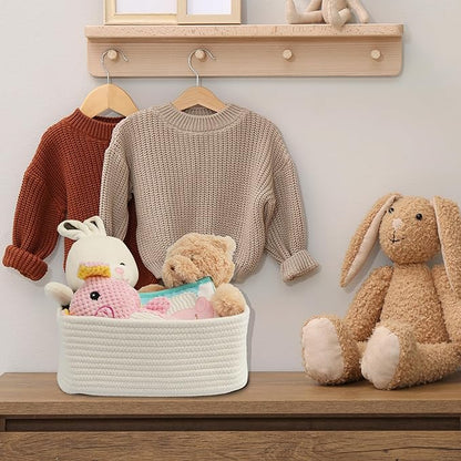 XUANGUO Small Woven Storage Baskets 13“X9”X5“ Decorative Rope Bins for Organizing Shelves, Closets, and Toys, Empty Gift Baskets, Cute Organizer Basket for Home and Office White Large